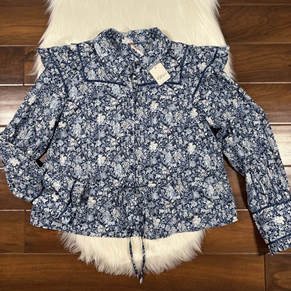 Free People Women's Size Large Blue Floral Printed Daybreak Ruffle Blouse Top